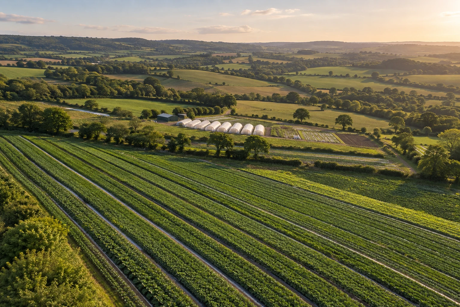 Crop rows and polytunnels across the British countryside