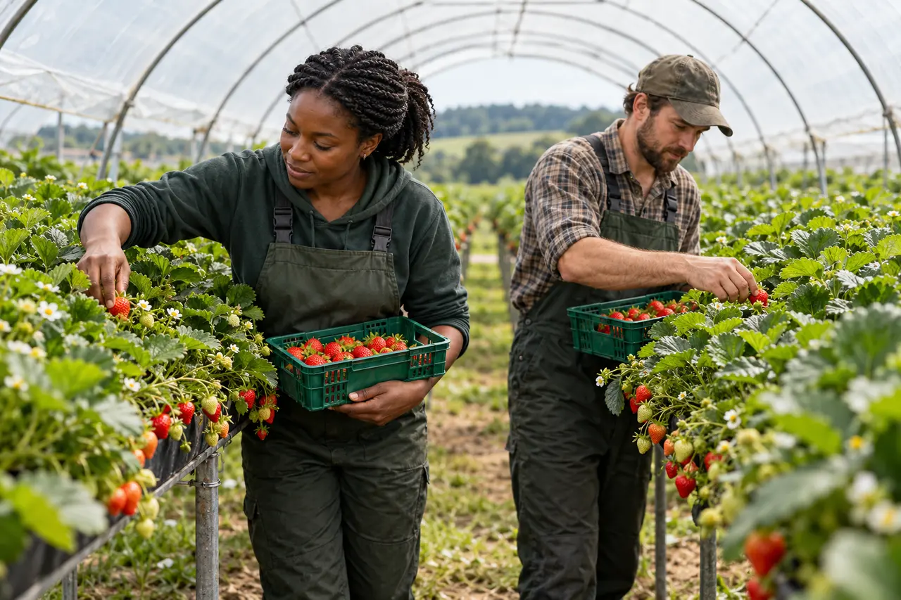 Scene of workers harvesting strawberries in a polytunnel