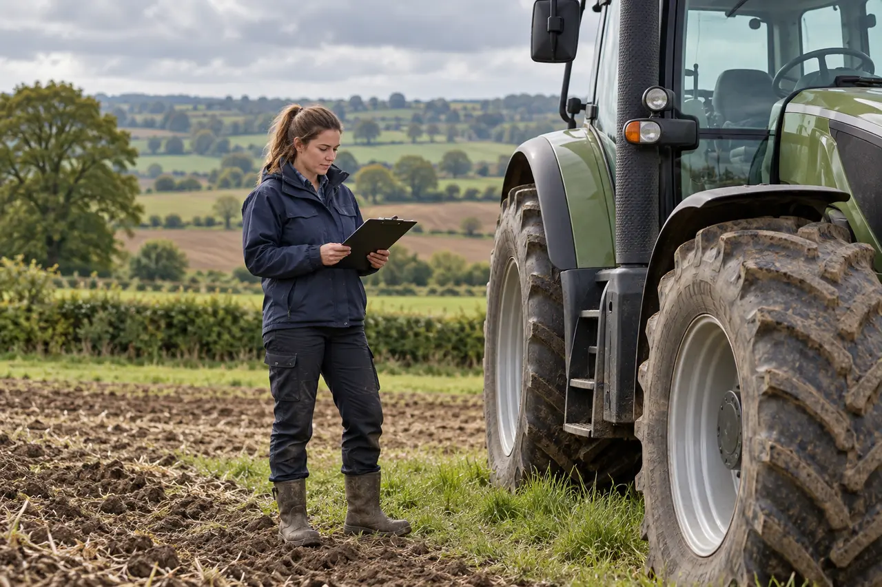 Scene of an agricultural operator beside a stationary tractor